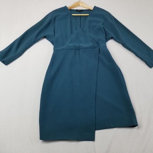 Aritzia Babaton Dress Medium Teal Faux Wrap 3/4 Sleeve Japan V Neck Mini - Picture 1 of 7